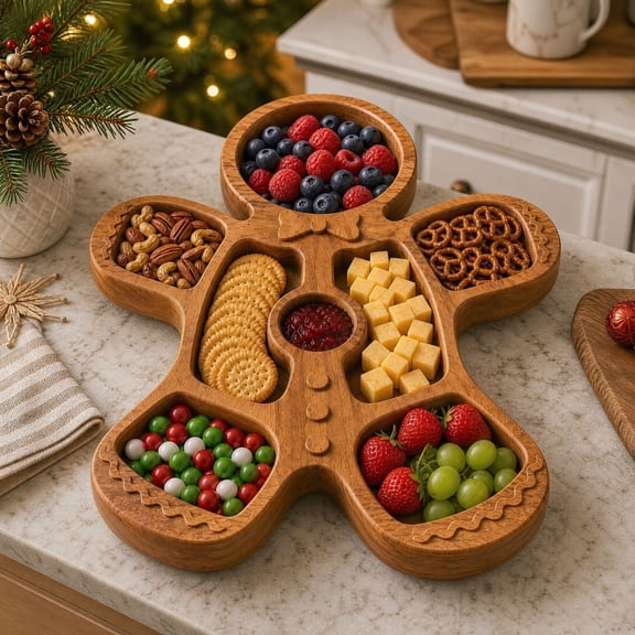 Christmas Wooden Divided Serving Tray Handcrafted Holiday Snack Platter