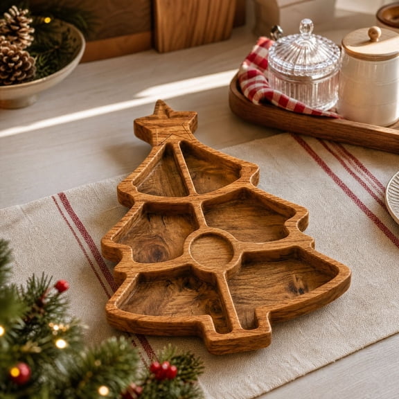 Christmas Wooden Divided Serving Tray, Tree Shaped Rustic Charcuterie Platter, Festive Snack Cheese Board for Nuts Candy Appetizer Holiday Party Decor