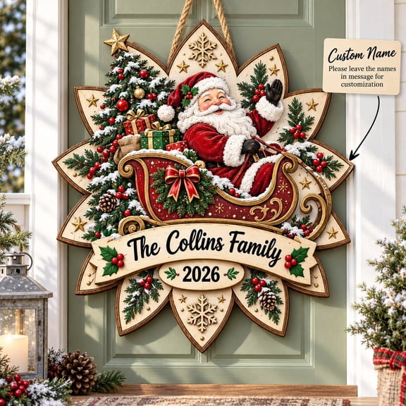 Christmas Wooden Door Hanger Santa Sleigh Design Decor for Front Door