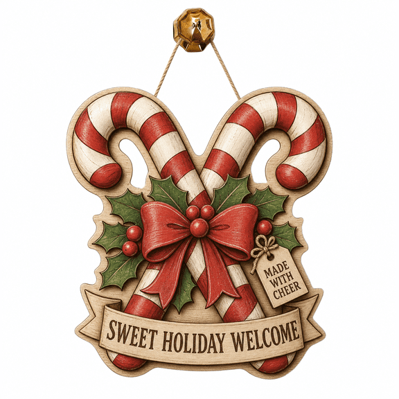 Christmas Wooden Door Hanging Sign Crossed Candy Cane Wood Front Door Welcome for Holiday Homes
