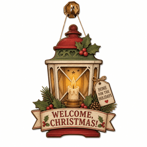 Christmas Wooden Door Hanging Sign Lantern and Holly Wood Front Door Welcome for Holiday Entryway
