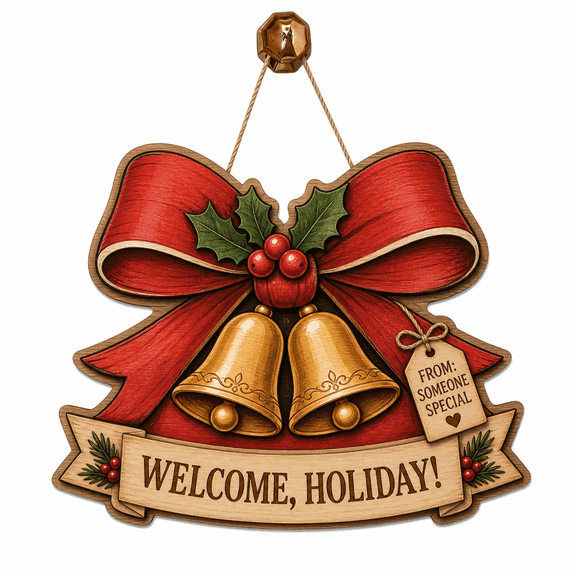 Christmas Wooden Door Hanging Sign Red Bow and Golden Bells Wood Front Door Welcome Holiday Hosts