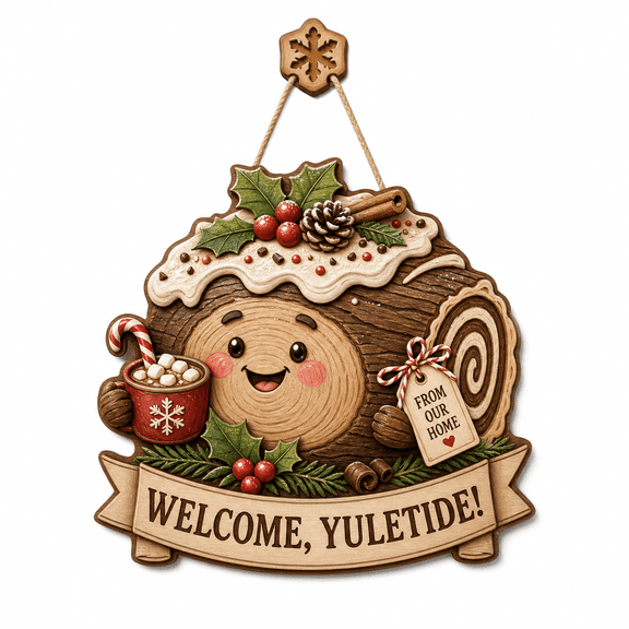 Christmas Wooden Door Hanging Sign Yule Log Wood Front Door Welcome for Holiday Homes