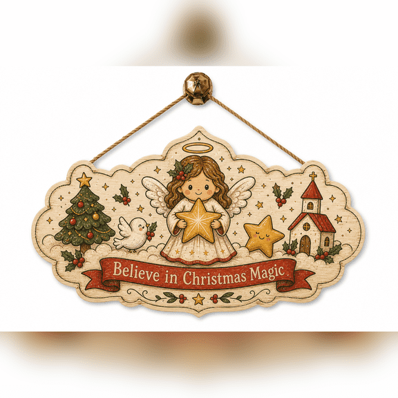 Christmas Wooden Door Sign Angel Holding Shining Star Wood Front Door Hanging for Holiday Entryway