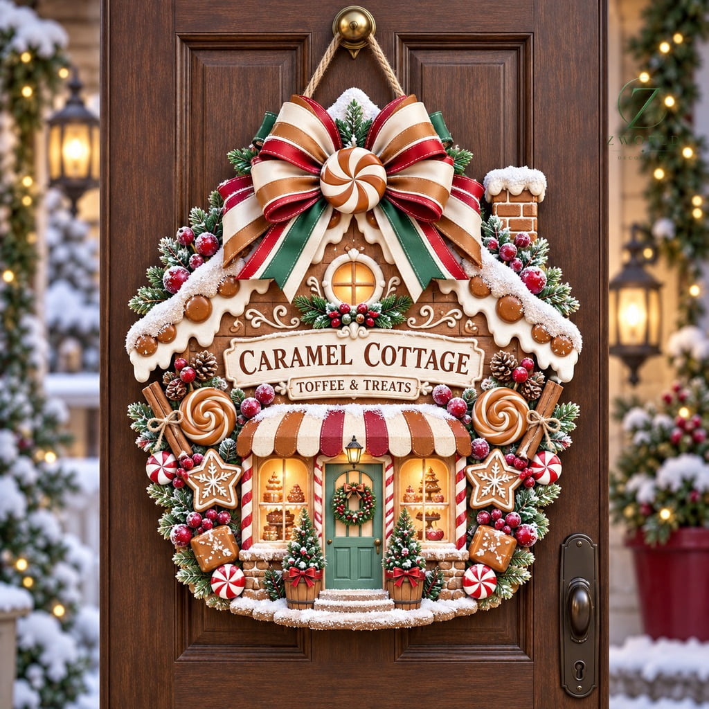 Christmas Wooden Door Sign, Caramel Toffee Cottage Entryway Hanging for ...