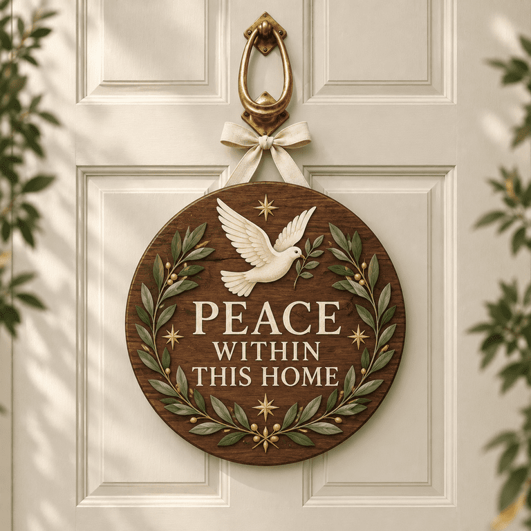 Graeting Christmas Wooden Door Sign Dove and Bay Branches Round Entryway ...