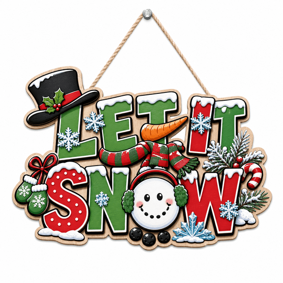Christmas Wooden Door Sign Let It Snow Snowman Wood Front Door Hanger for Holiday Homes