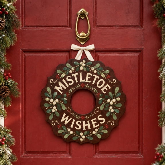 Christmas Wooden Door Sign, Mistletoe Wishes Wreath for Front Porch, Holiday Host Gift