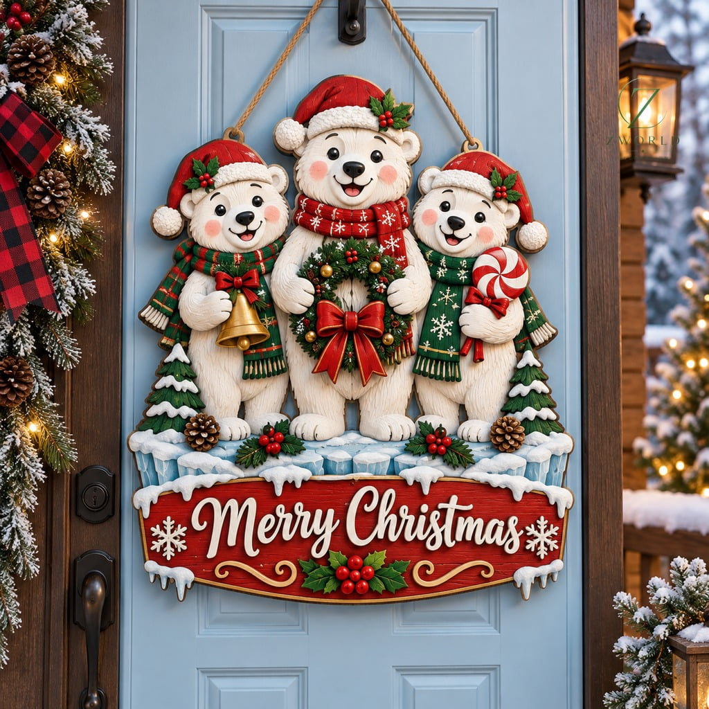 Christmas Wooden Door Sign, Polar Bear Santa Trio Front Entry Welcome ...