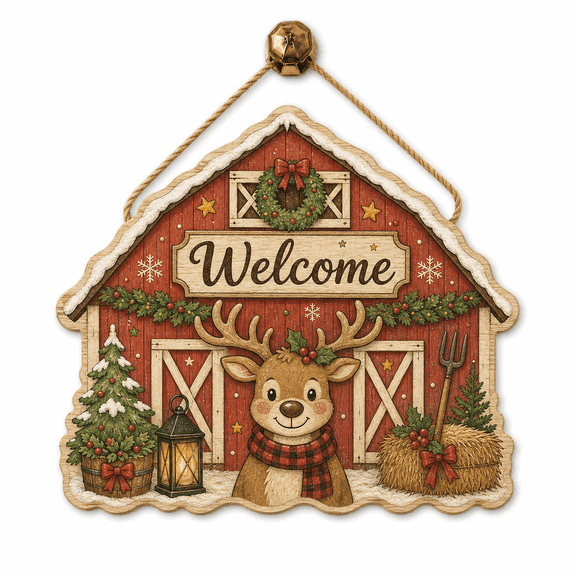 Christmas Wooden Door Sign Reindeer Barn Welcome Wood Front Door Hanging for Holiday Entryway