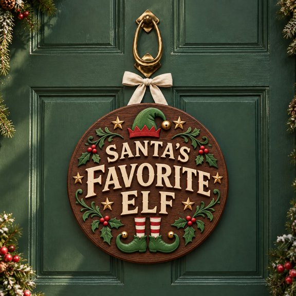 Christmas Wooden Door Sign Santa's Favorite Elf Round Entryway Welcome Gift