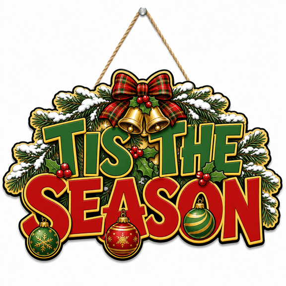 Christmas Wooden Door Sign Tis the Season Wood Front Door Hanging for Holiday Entryway