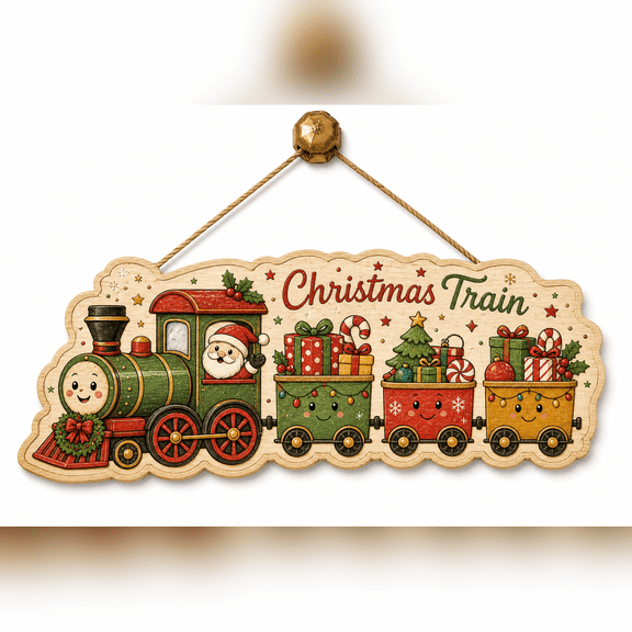 Christmas Wooden Door Sign Toy Train Holiday Gifts Wood Front Door Hanging for Winter Entryway