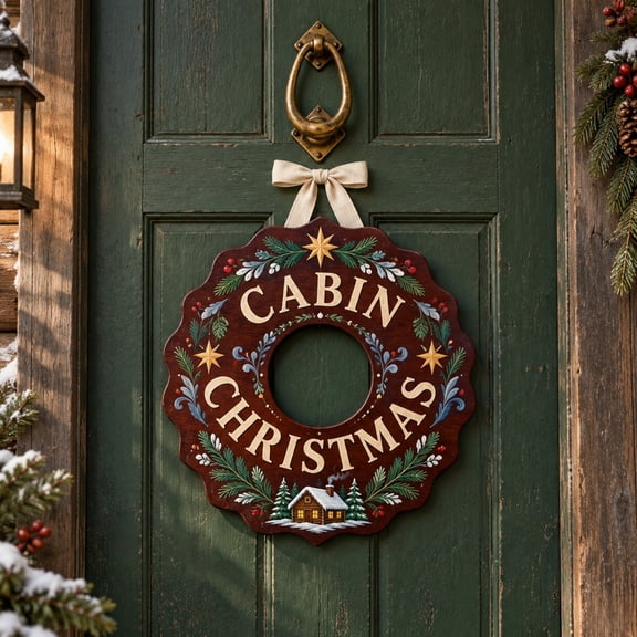 Christmas Wooden Door Sign, Winter Cabin and Pine Branches, Festive Entryway Hanging for Holiday Hosts