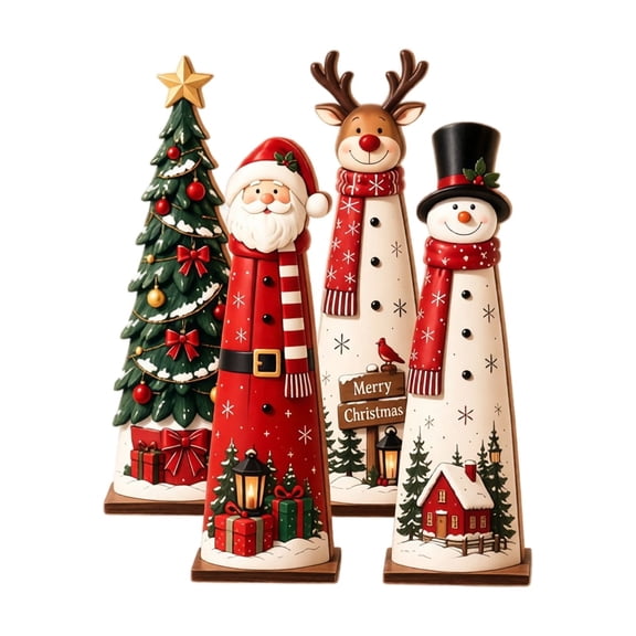 Christmas Wooden Figurines with Hand-Painted Rustic Farmhouse Style, Set of 4, Red Green and White, for Mantel and Table Centerpieces, Christmas Decorations