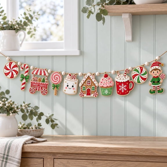 Christmas Wooden Garland, Gingerbread Candy Garland, Sweet Treat Holiday Mantel