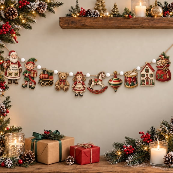 Christmas Wooden Garland, Santa's Toy Workshop Characters for Mantel Display, Holiday Host Gift