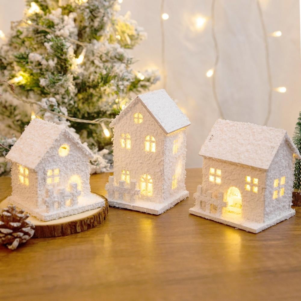 Christmas Wooden House LED Santa Ornament Christmas Indoor Decor Town Xmas Light-Up Village Scene Decorations (Set of 3, White)