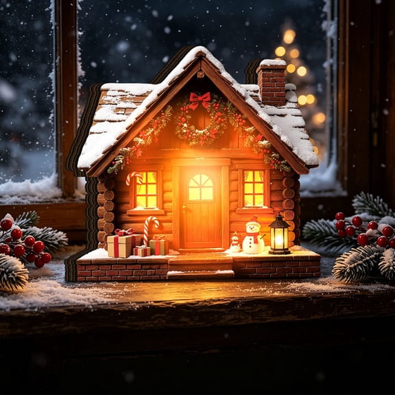 Christmas Wooden House Tabletop Ornament, LED Lighted Mini Winter Village Cabin Decorfor Mantel Shelf Table Holiday Decoration