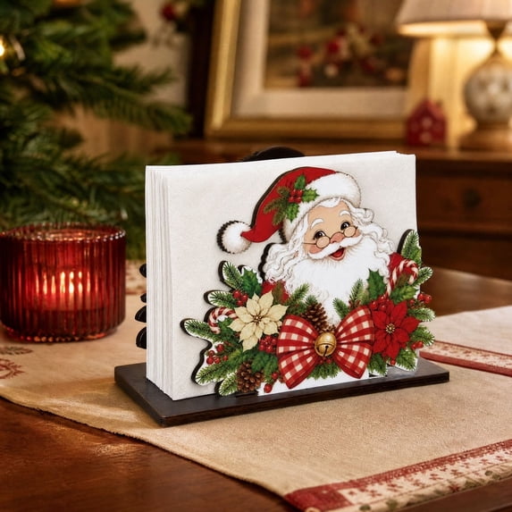 Christmas Wooden Napkin Holder, Xmas Santa Napkin Dispenser, Rustic Holiday Tissue Holder for Home Holiday Table Decor