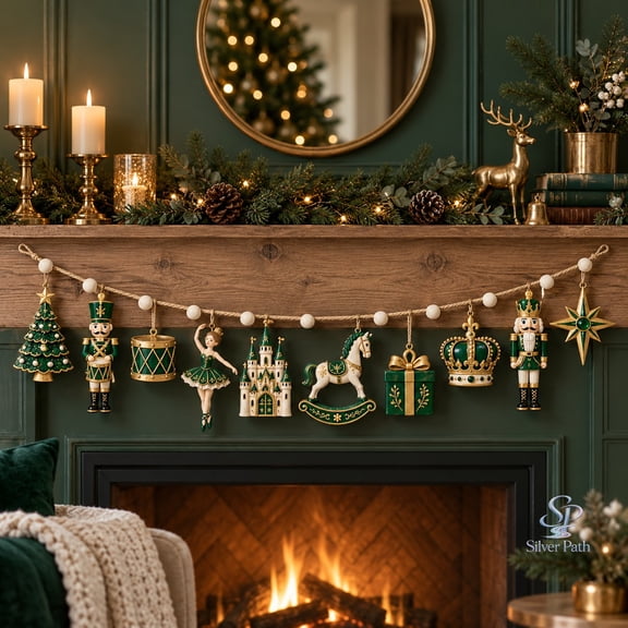 Christmas Wooden Ornament Garland, Emerald Nutcracker Ballerina Antique Gold Mantel Decor for