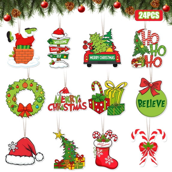 Christmas Wooden Ornaments Set 24Pcs, Funny Grichmas Christmas Tree Hanging Decoration, Home Party Pendants Decor