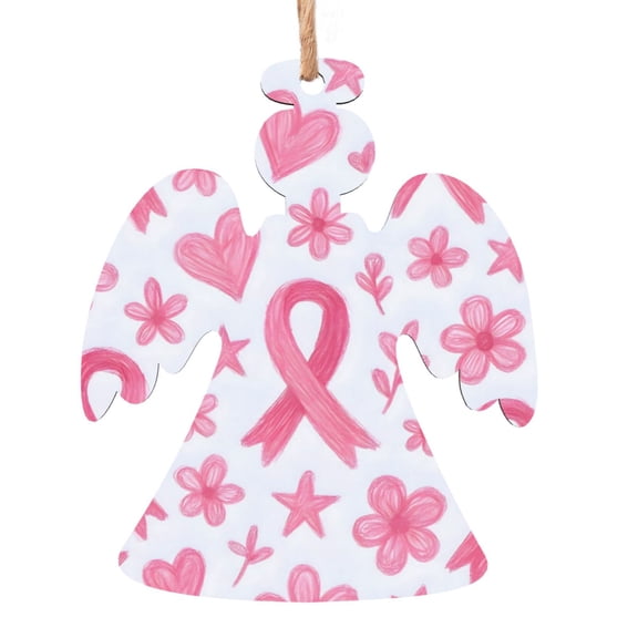 Christmas Wooden Pendant Is Not Easy To Fade Light Durable Variety Of Shapes Easy To Hang Artistic Pink Ribbon Pattern With Sketched Elements Angel Shape