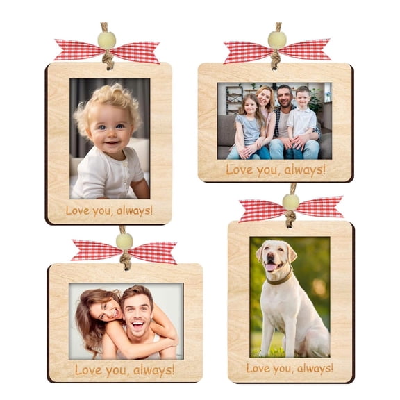 Christmas Wooden Photo Frame Ornaments Set of 4, Hanging Picture Decorations with Magnet, Twine, Card Clip, Gift Card and Gift Box, Rustic Love You Always Family Baby Pet Holiday Keepsake Gift
