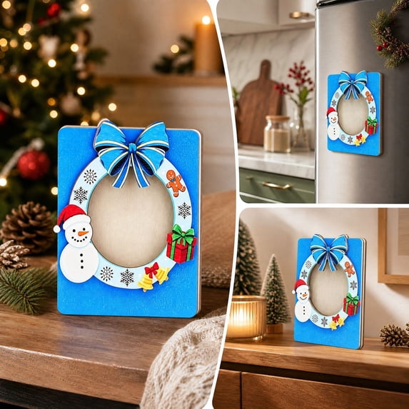Christmas Wooden Picture Frame Ornament with Magnetic Back and Ribbon Hanger, Versatile Photo Display for Fridge or Tabletop, Holiday Gift Keepsake