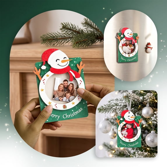 Christmas Wooden Picture Frame Ornament with Magnetic Back and Ribbon Hanger, Versatile Photo Display for Fridge or Tabletop, Holiday Gift Keepsake