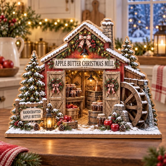 Christmas Wooden Plaque, Apple Butter Mill Scene for Tabletop Display, Holiday Host Gift