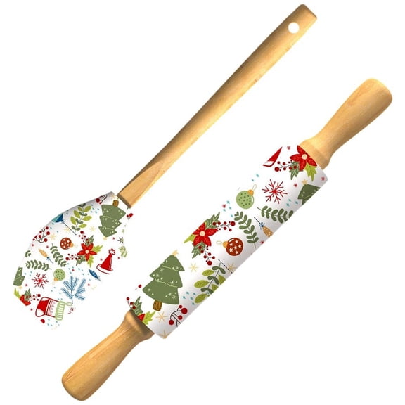 Christmas Wooden Rolling Pin and Scraper Set Professional Clay Pottery Craft Tool Flower Pattern Mud Roller for DIY Baking and Clay Art