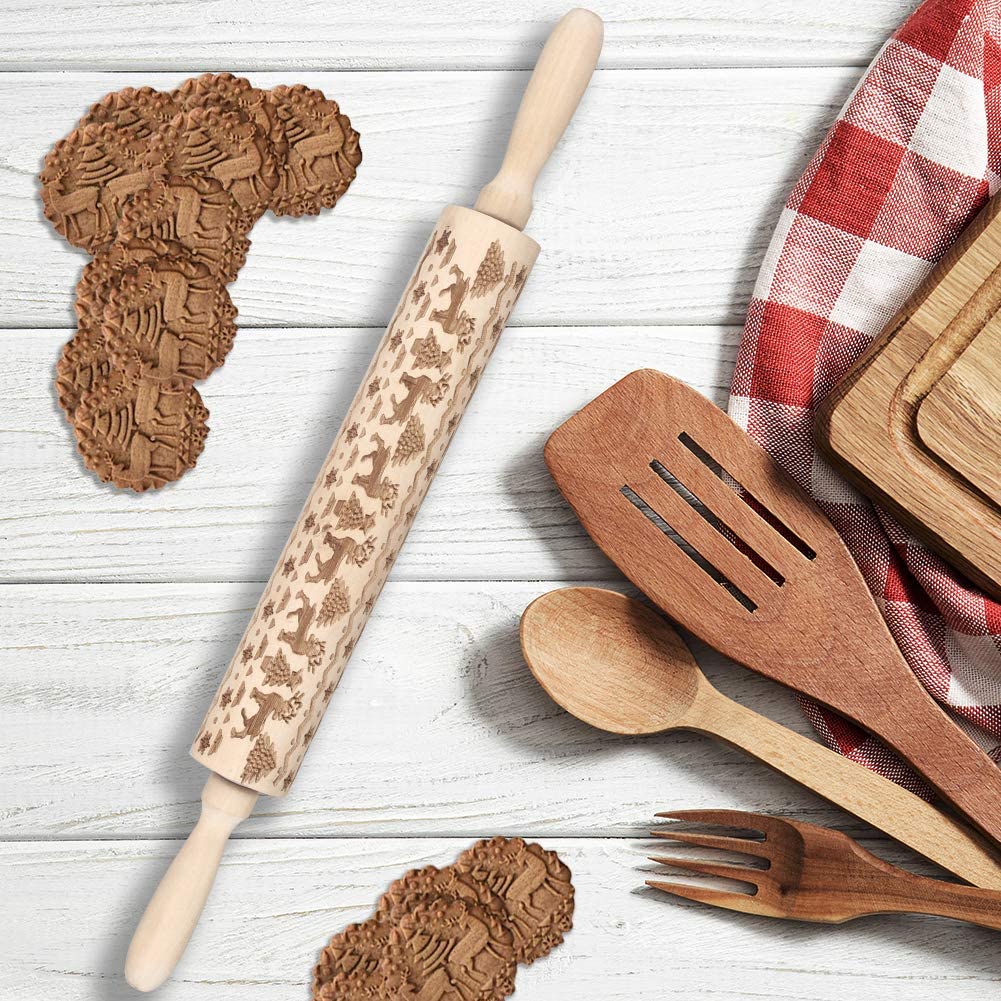 Christmas Wooden Rolling Pins, Engraved Embossing Rolling Pin with Xmas Symbols for Baking Embossed Cookies - image 1 of 7