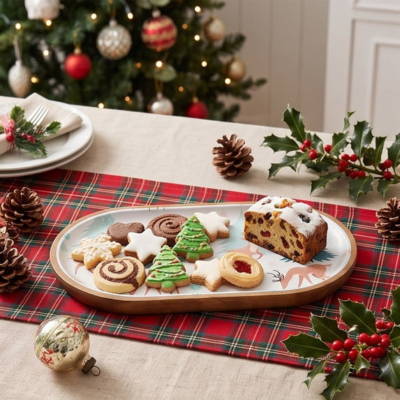 Christmas Wooden Serving Tray, Holiday Dessert Platter with Deer Tree Snowflake Prints, Farmhouse Tabletop Decor for Cookies Candy Display, 7.28-11.41in