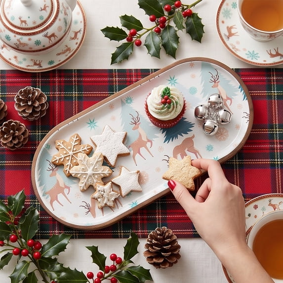Christmas Wooden Serving Tray, Holiday Dessert Platter with Deer Tree Snowflake Prints, Farmhouse Tabletop Decor for Cookies Candy Display, 7.28-11.41in