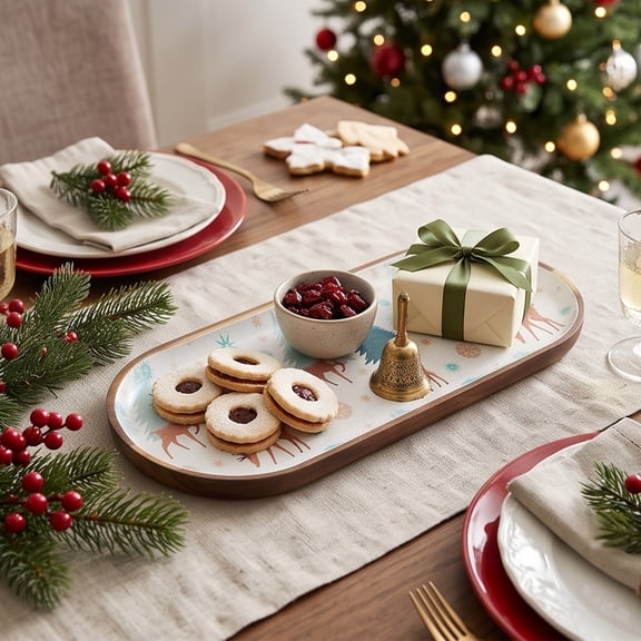 Christmas Wooden Serving Tray, Holiday Dessert Platter with Deer Tree Snowflake Prints, Farmhouse Tabletop Decor for Cookies Candy Display, 7.28-11.41in