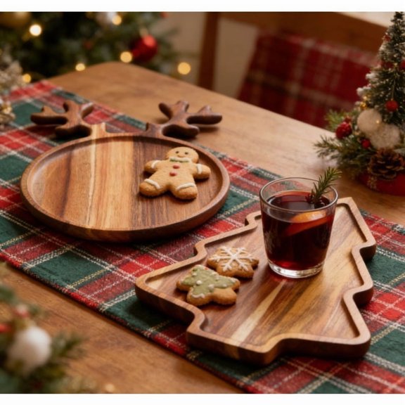 Christmas Wooden Serving Tray Set, Tree & Reindeer Antler Shaped Acacia Wood Platter, Decorative Charcuterie Board for Holiday Party, Food, Snack & Dessert