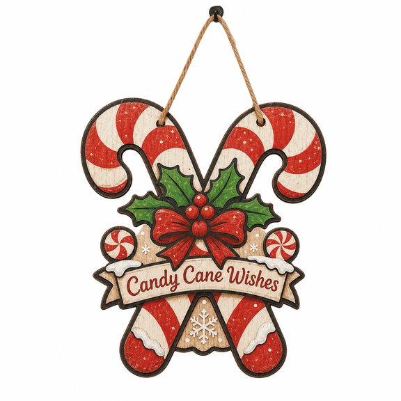 Christmas Wooden Sign Crossed Candy Canes Wood Hanging Decor Gift for Holiday Hosts
