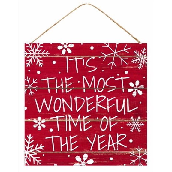 Christmas Wooden Sign: Its the Most Wonderful Time of the Year Snowflakes - 10 Inches x 10 Inches Wall Door Hanger Sign