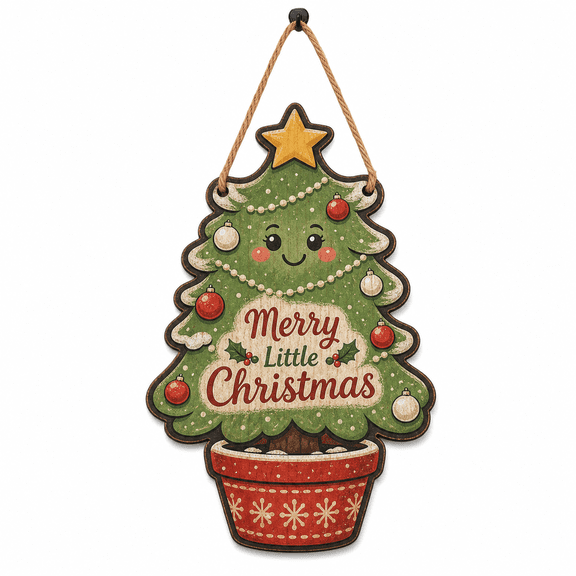 Christmas Wooden Sign Merry Little Christmas Tree Wood Door Hanger for Holiday Entryway
