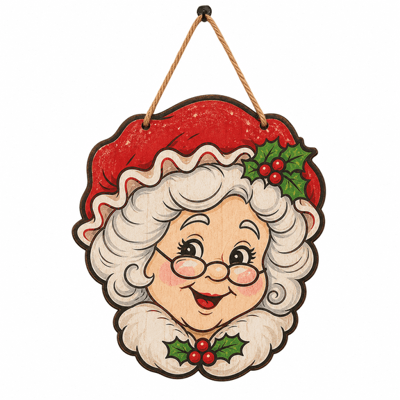Christmas Wooden Sign Mrs. Claus Face Wood Hanging Decor for Holiday Entryway Gift