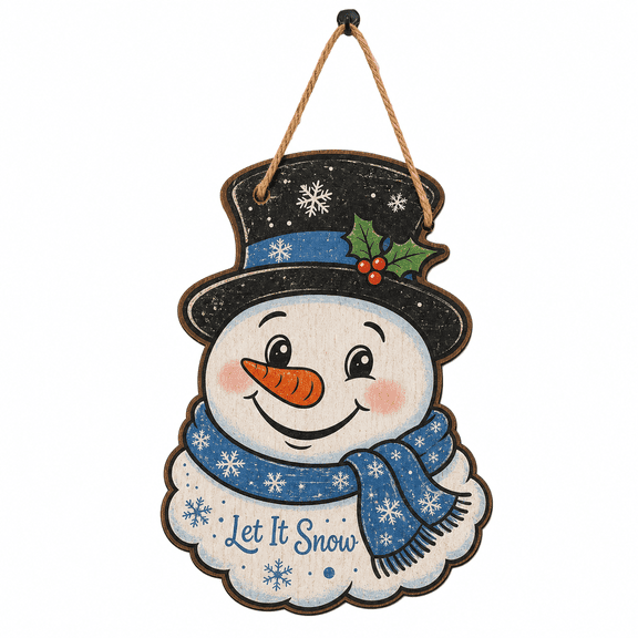 Christmas Wooden Sign Snowman Face Wood Hanging Door Sign for Winter Holiday Decorating