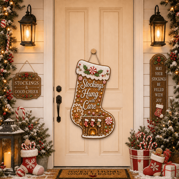 Christmas Wooden Sign Stocking Shape Door Hanger Front Door Gift for Holiday Hosts