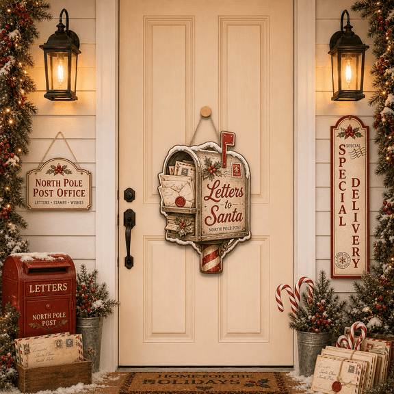 Christmas Wooden Sign Vintage Mailbox Wooden Front Door Hanging for Holiday Entryway