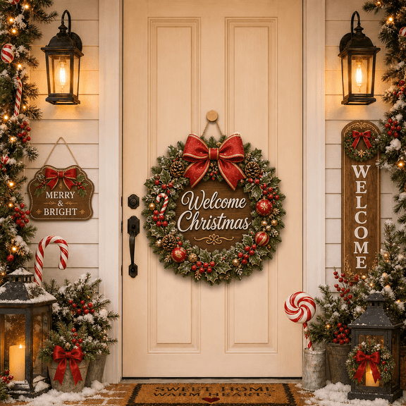 Christmas Wooden Sign Welcome Christmas Wreath Front Door Hanger for Holiday Homes