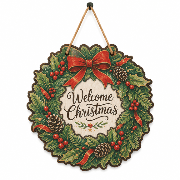 Christmas Wooden Sign Welcome Christmas Wreath Wooden Door Hanging for Front Door Holiday Hosts