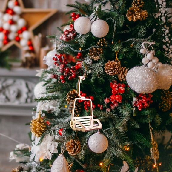 Christmas Wooden Ski Lift Ornament, Hollow Chair Pendant with Hanging String for Tree and Cabin Decor
