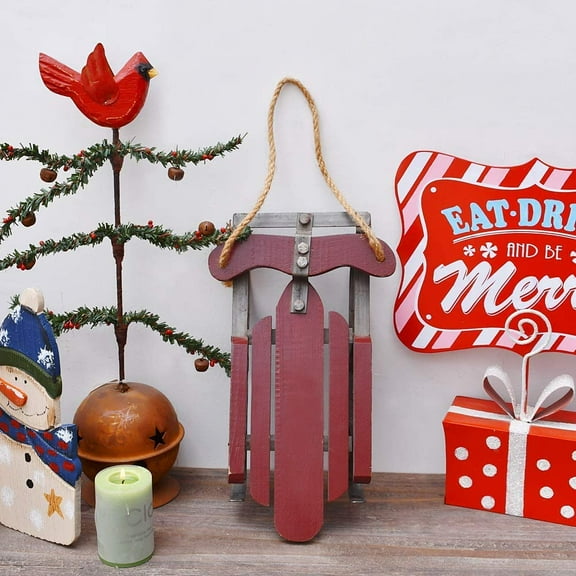 Christmas Wooden Sled Decoration Red Vintage Wood Decorative Wall Hanging Sled Christmas Holiday Decor