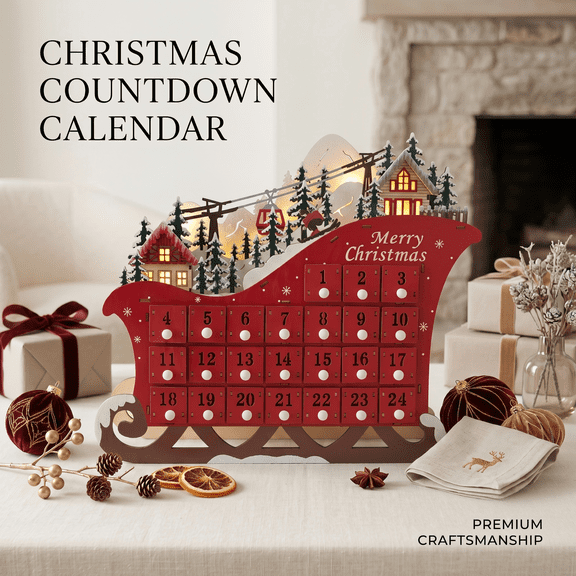 Christmas Wooden Sleigh Advent Calendar - Red Christmas Sleigh Countdown Calendar with 24 Drawers LED Lighted Mountain Village for Christmas Surprise Gift