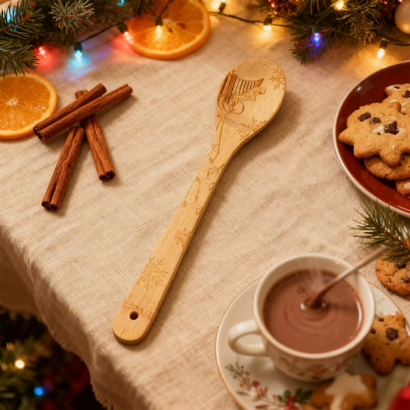 Christmas Wooden Spoon Laser Engraved Holiday Baking and Cooking Utensil for Kitchen Gift Set, Festive Serving Spatula with Tree Snowflake Design, Natural Wood Mixing Spoon for Holidays Dinner